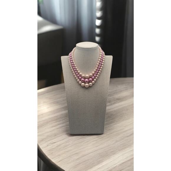 Vintage Mid Century Signed "Japan" Pink Faux Pearl Beaded Multi Strand Necklace - Picture 2 of 6